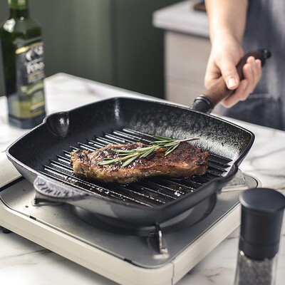 铸铁牛排煎锅家用无涂层条u纹牛扒煎锅加厚不粘平底锅煎牛排专用