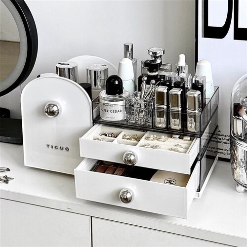 2024新款化妆品收纳盒桌面首饰一体防尘抽屉式梳妆U台护肤品置物