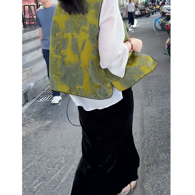 早秋穿搭国风新中式套装提花马甲外套盘扣上M衣丝绒半身裙两件套