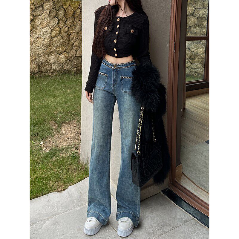 李李服饰小香链条弹m力直筒牛仔裤女24冬季新款高腰显瘦加绒拖地