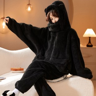 珊瑚绒睡衣女秋冬加厚大s学生校服法兰绒可外穿拉链连帽家居服套