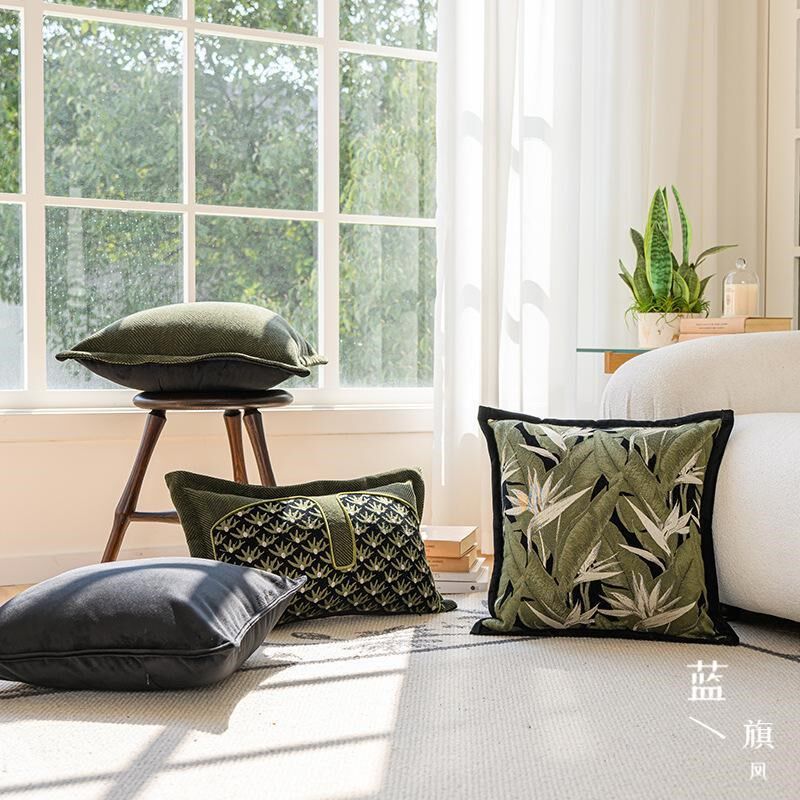 新中式复古感抱枕竹叶纹提花靠枕沙发客厅沙发靠枕民宿.靠垫中古