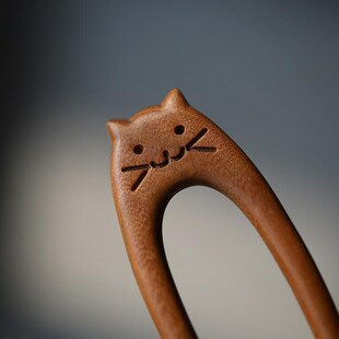 【弧猫】U型发簪发钗盘发簪子猫咪金丝檀木N实木发饰可爱日常通勤