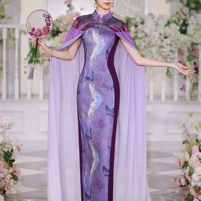 江南春季2025新款复古改w良t台表演旗袍高端长紫蝴蝶表演服装