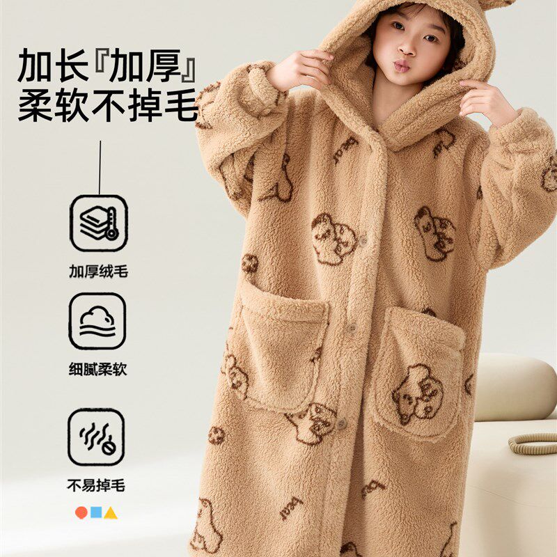 秋冬季儿童睡袍h加厚珊瑚绒男童睡衣女童宝宝家居服连帽法兰绒浴