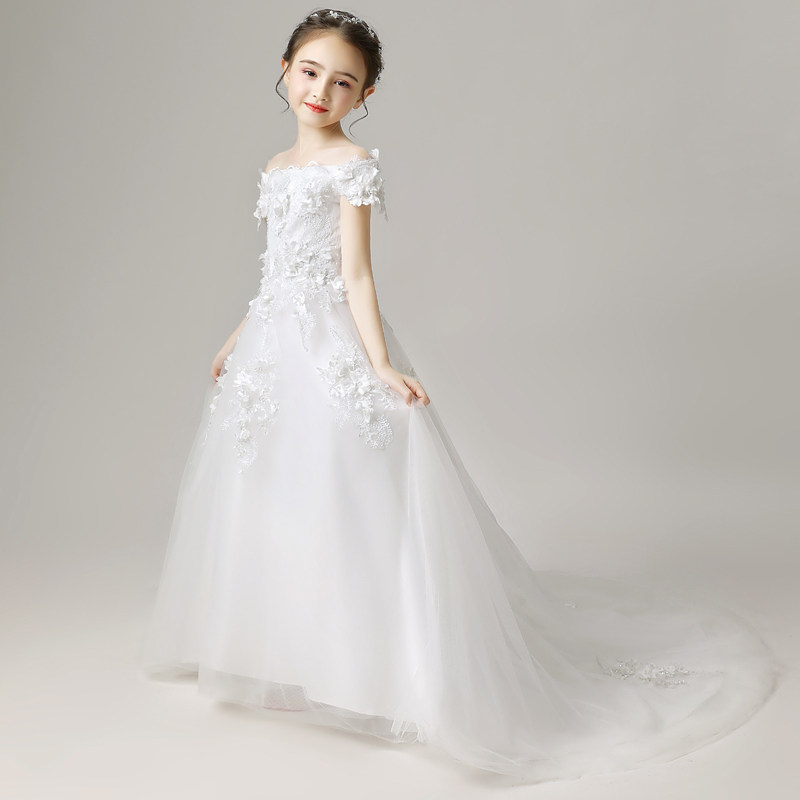 女童晚礼服公主裙儿童婚纱拖尾蓬蓬纱一字肩钢琴表U演服走秀演出
