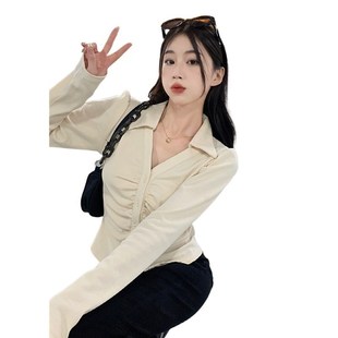 设计感修身 大码 女秋季 胖mm小众polo领褶皱长袖 显瘦百搭上衣潮 开衫