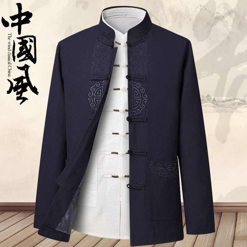 春秋款中老年人唐装男长袖中国风男装夹克爷爷汉服大码爸爸装外套
