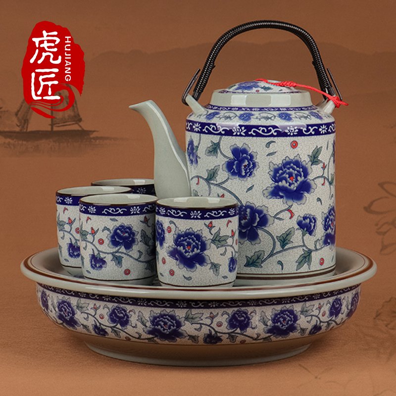 景德镇陶瓷茶盘储水式家用圆形大号托盘 茶海茶船 复古青花瓷茶具