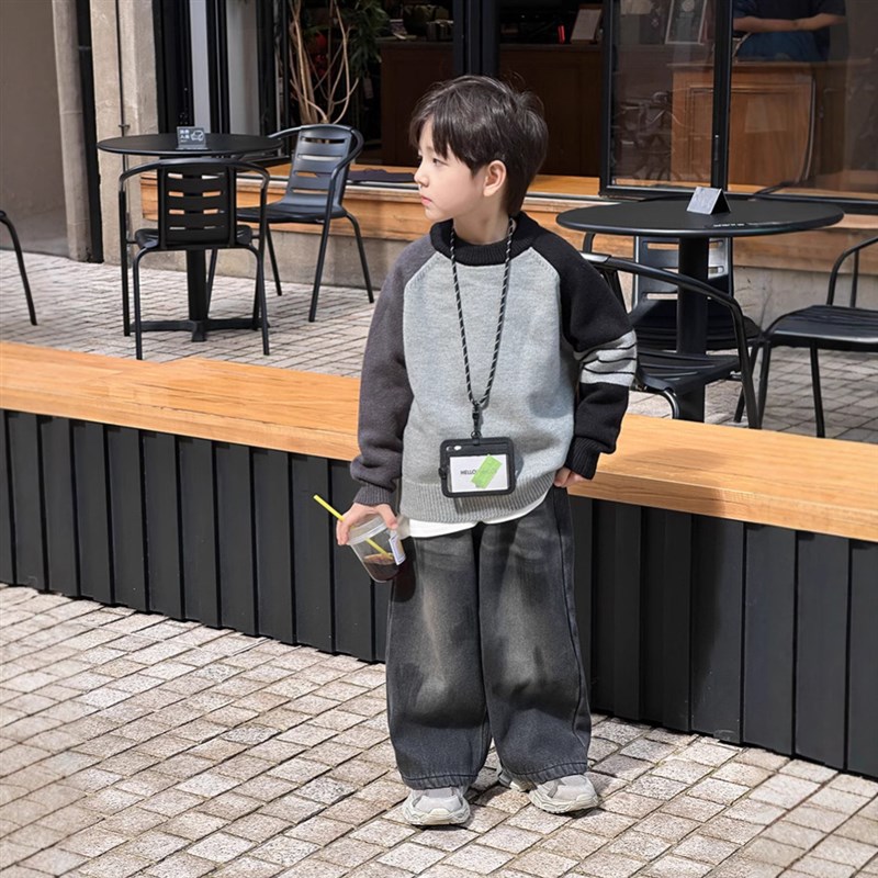 小杰家男童加厚加绒裤子2024冬女童复古做旧奥粒绒直筒