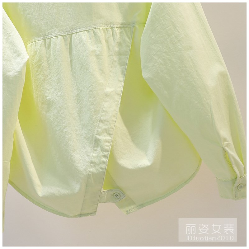 设计感背后开叉嫩黄色短款衬衫女宽松长袖衬衣2023春季薄外套上衣