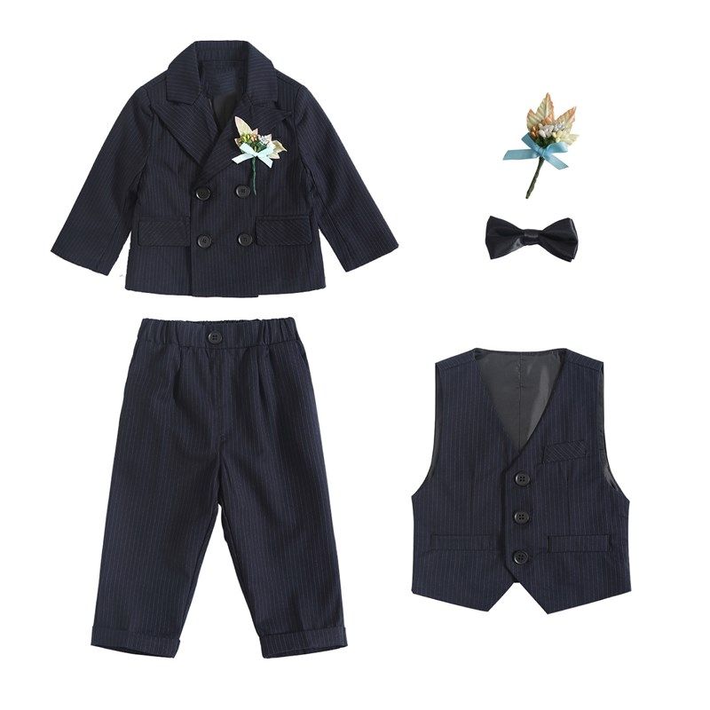 男童黑色条纹小西装儿童礼服马甲三件套2024新款英伦花童西服套装