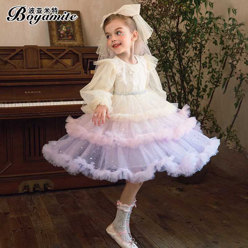 女童公主裙2024秋装新款儿童洋气长袖蛋糕裙小女孩渐变色连衣裙子