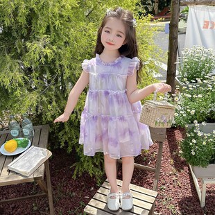 女童紫花夏天裙子夏季2024新款儿童夏款雪纺公主裙宝宝夏装连衣裙
