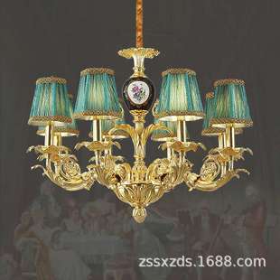 法式 别墅卧室餐厅灯书房布艺灯具 陶瓷吊灯全铜客厅灯复古轻奢欧式