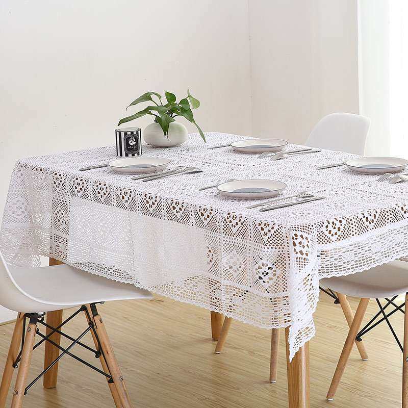 美式复古棉麻桌布镂空钩针台布蕾丝格子圆桌布茶几布田园桌旗餐垫