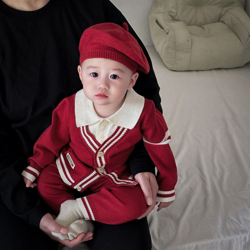 婴儿春装衣服百日宴周岁p礼服男宝宝绅士针织衫毛衣polo领分体套