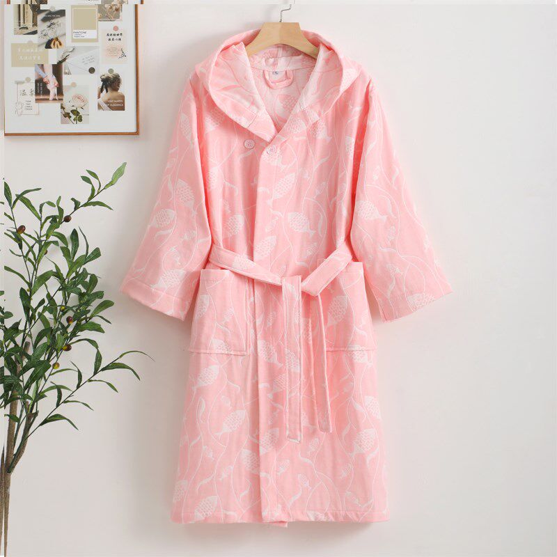 成人带帽c纯棉纱布浴袍三层春夏男女情侣柔软吸水薄款浴衣睡衣睡
