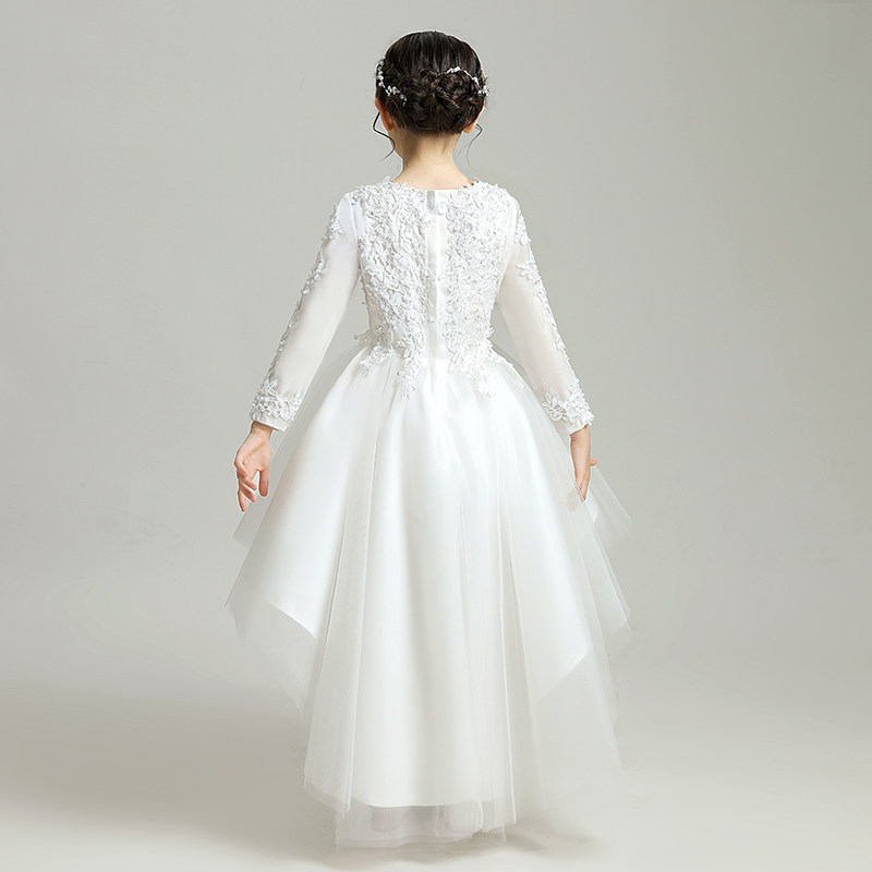 女童公主裙蓬蓬纱小女孩花童婚纱儿童晚J礼服白色长袖纱裙洋气高