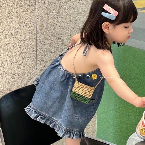 韩版童装女童牛h仔连衣裙2024夏季新款洋气时尚花边系绳挂脖吊带
