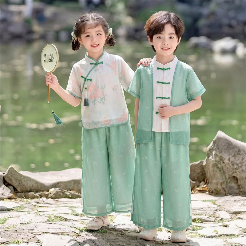 幼儿园儿童新中式国学服套装夏季新款男女童汉服书童三字经表演服