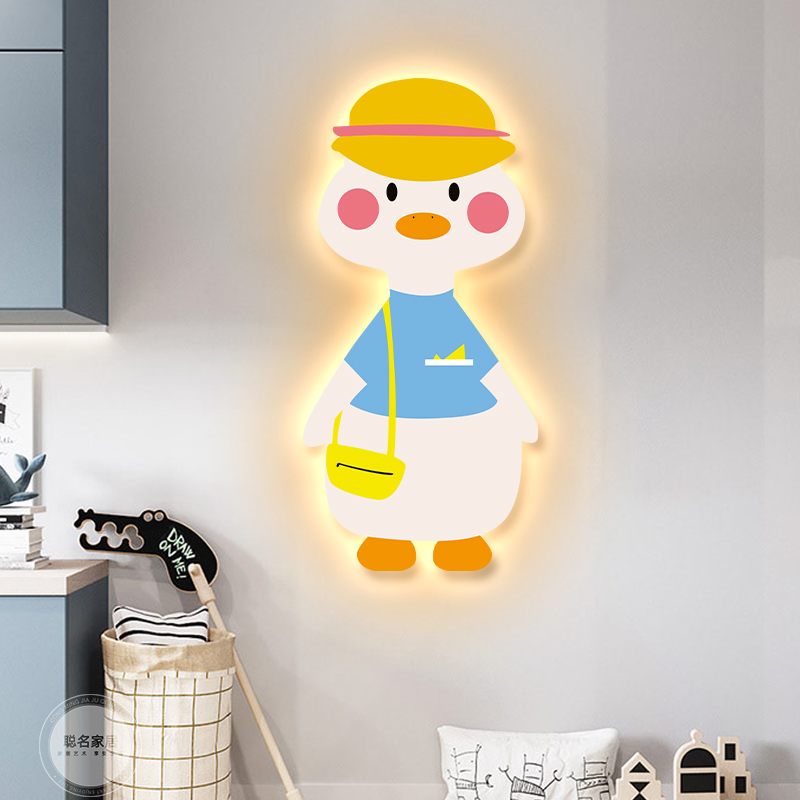 北欧玄关装饰画卡通儿童房卧室挂画氛围发光灯画可爱网红鸭子挂画图片