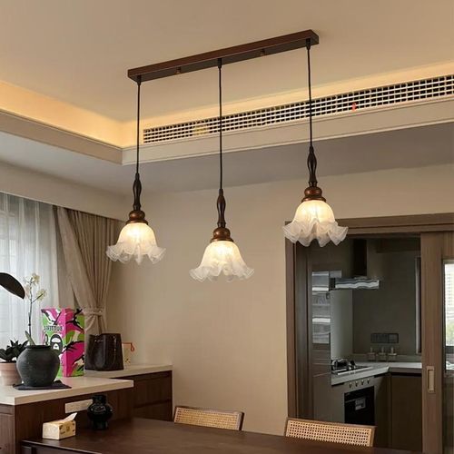 中古风餐厅吊灯三头长盘橡胶实木吧台吊线复古卧室床头铃兰花朵灯