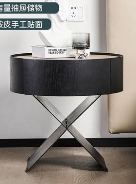 意式简床实木不锈钢马柜鞍皮极轻奢现代卧室床边头柜高端94016储