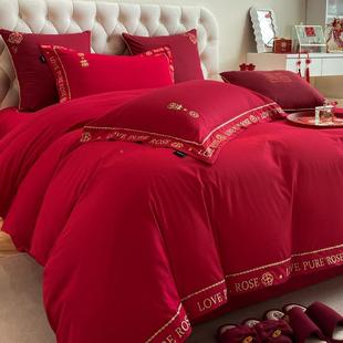 床品式四件喜套纯棉高端事被套刺中EX202403绣婚庆红色绒棉长结婚