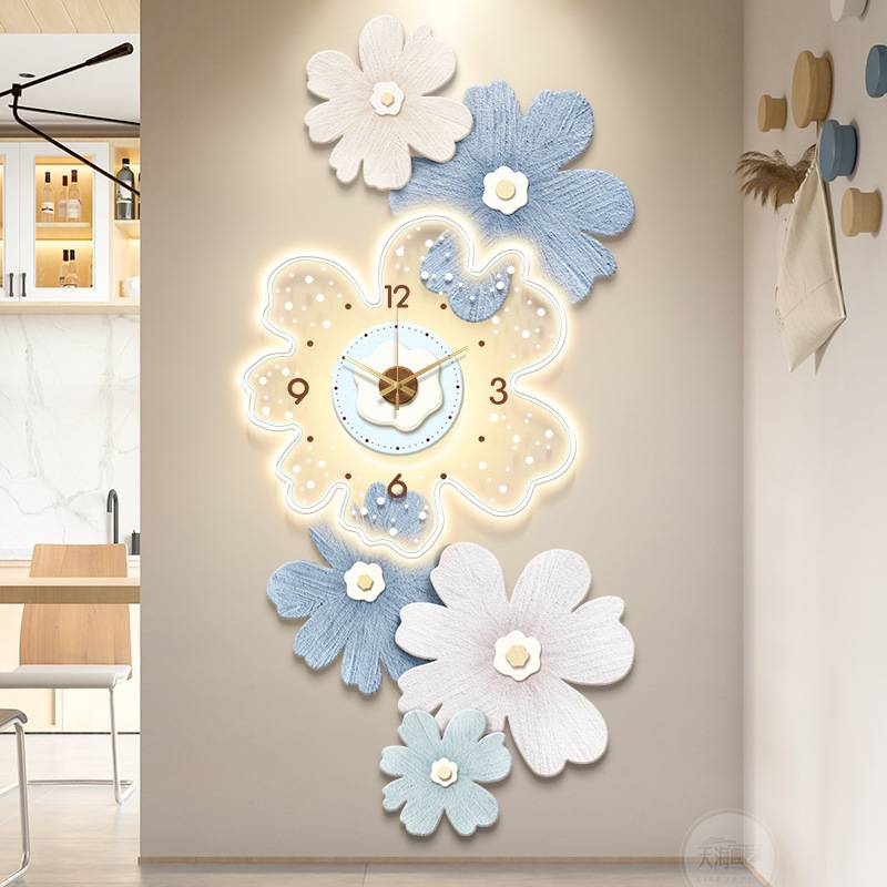 奶油风入户门玄关装饰画带钟表挂墙花卉走廊过道挂画创意时钟壁灯图片