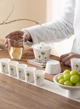 花色室幸运草羊脂玉白瓷茶具装套办家用客厅公87452会客泡茶陶瓷