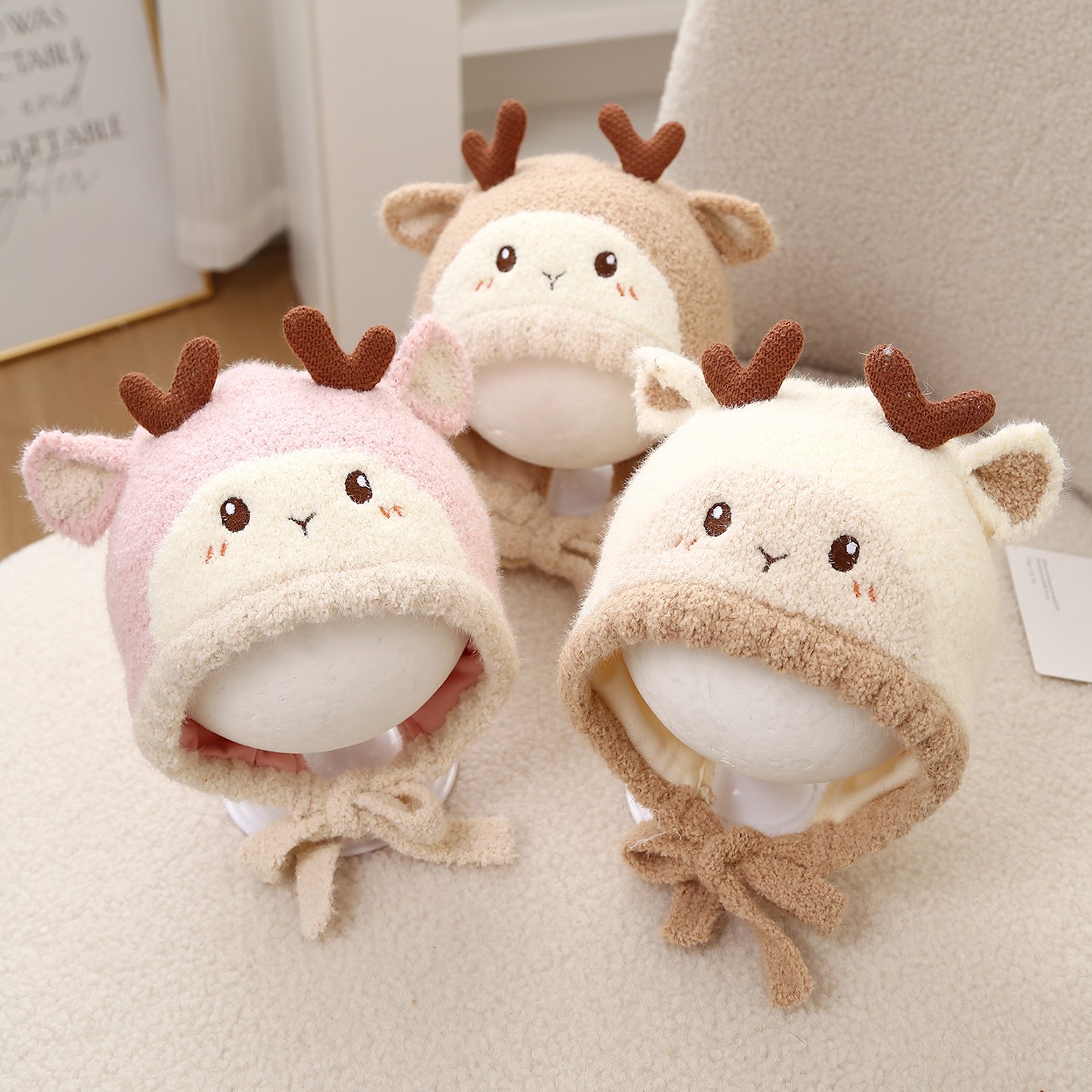 婴儿帽子秋冬季保暖针织护耳帽男女宝宝小月龄可爱超萌防风毛绒帽