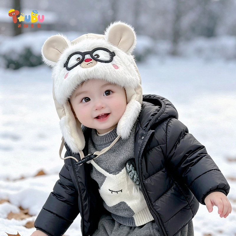 婴儿帽子秋冬舒适毛绒帽小月龄户外保暖加厚护耳帽可爱卡通防风帽