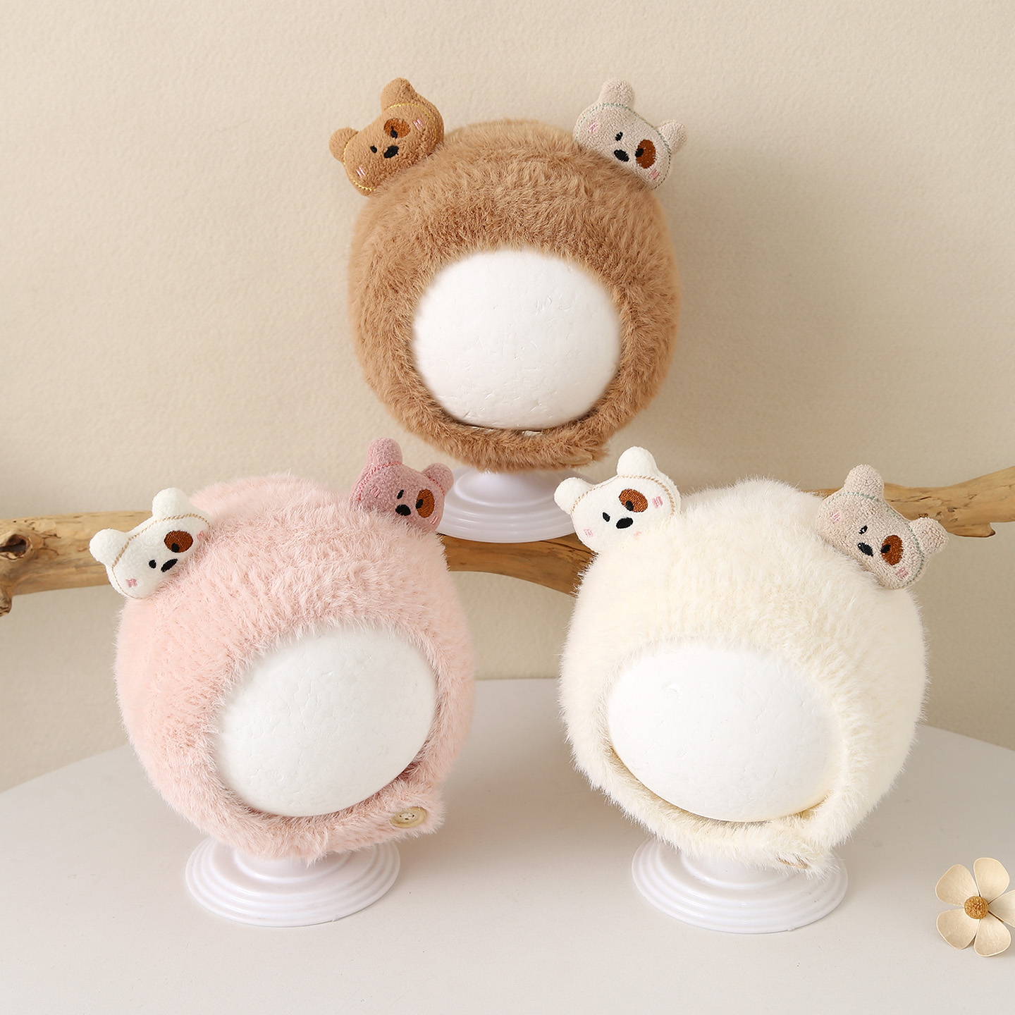 婴儿帽子秋冬季超萌针织小熊护耳帽小月龄男女宝宝加厚防风毛绒帽