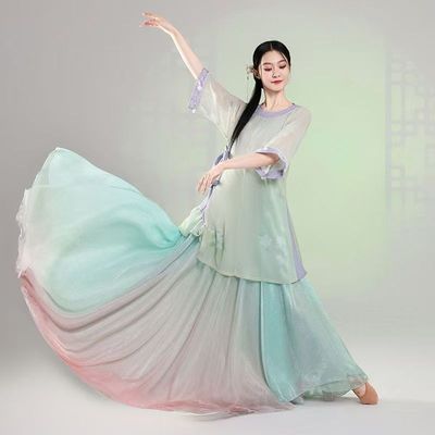 夜泊秦淮舞蹈服装圆领明制大码上衣青衫古典舞套装演出服大摆裙艺