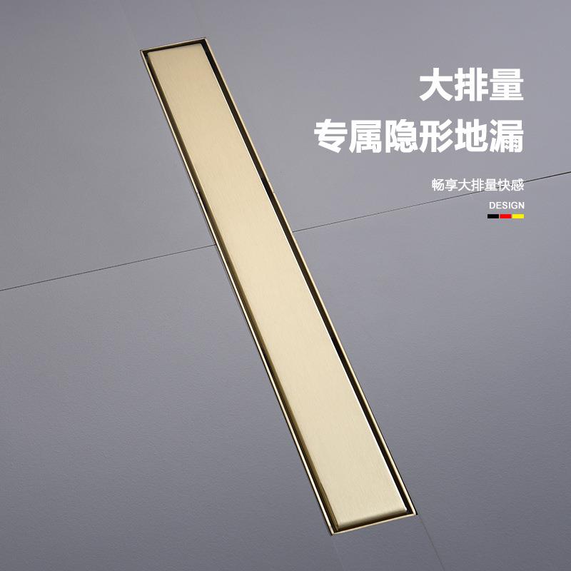 拉丝金隐形地漏镶砖浴室304不锈钢防臭卫生间淋浴房长条形侧