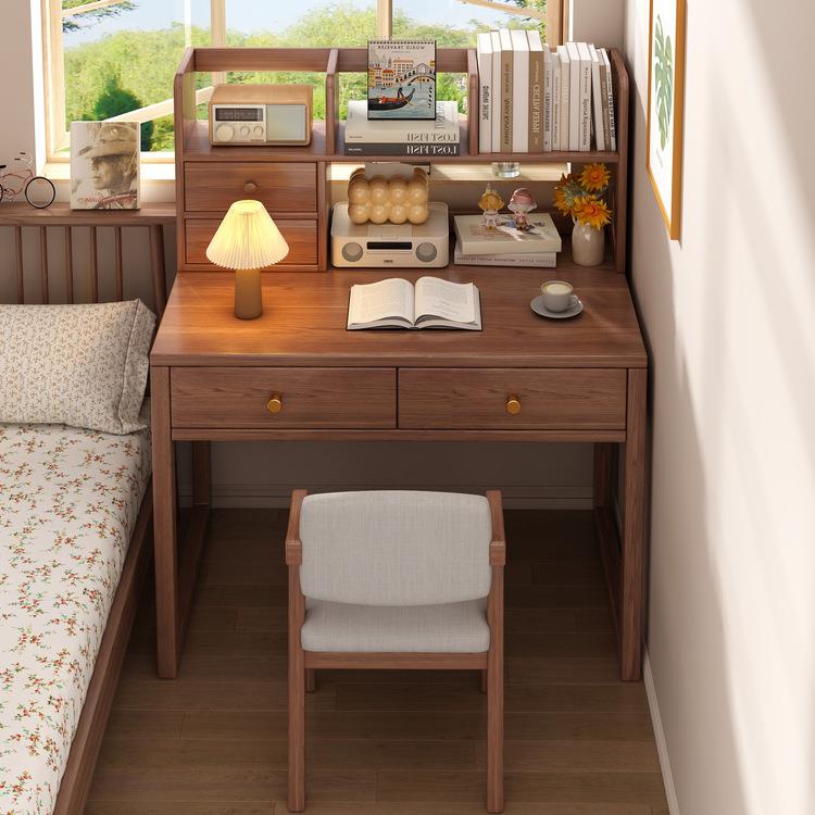 实木书桌书架一体桌带抽屉家用学生写字桌小户型卧室办公电脑桌子