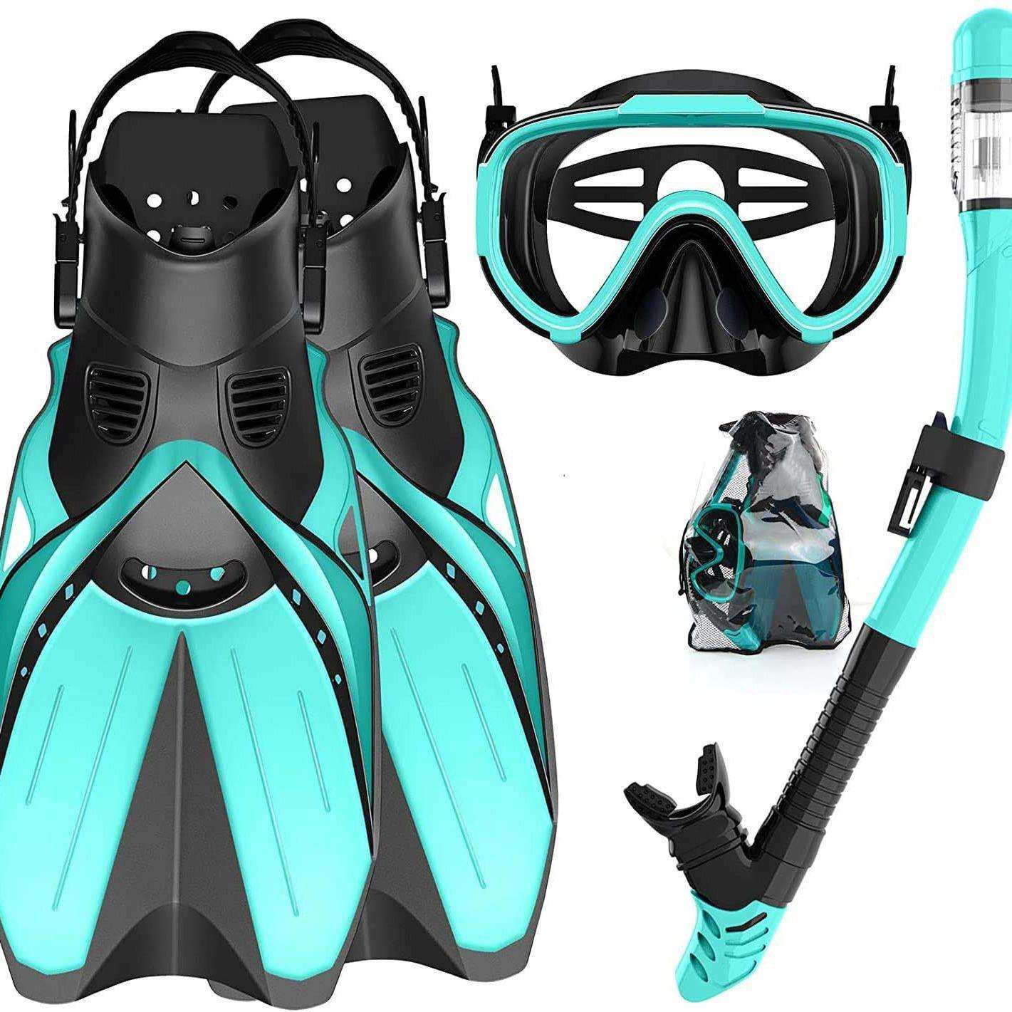 浮潜套装成人钢化玻璃潜水镜脚蹼浮潜面镜全干式呼吸管浮潜三件套