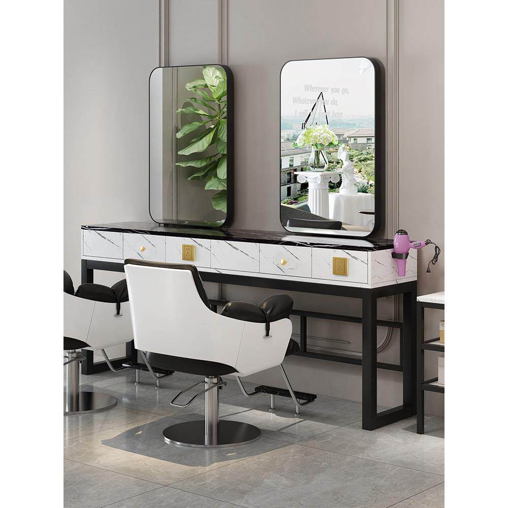 理发镜台美发店单面剪发镜柜子一体发廊大理石带灯双面烫新品