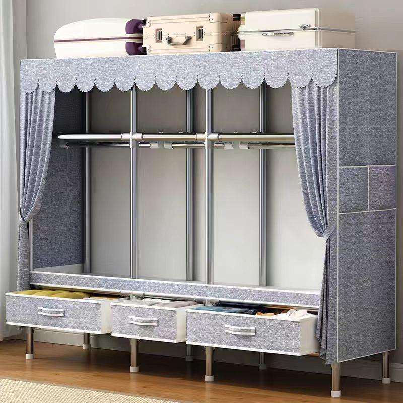 简易衣柜家用卧室布衣柜出租房用结实耐用组装全钢架加厚加粗衣橱