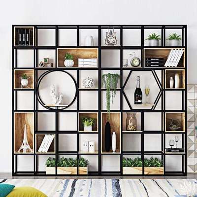 美式铁艺隔断置物架玄关实木落地装饰陈列架多层格子书架置物架