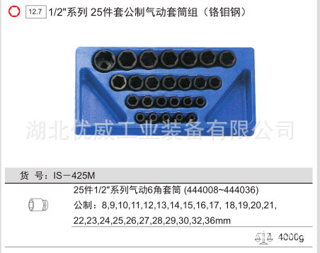GENIUS天赋工具1/2″公制气动套筒组铬钼钢25件套IS-425M