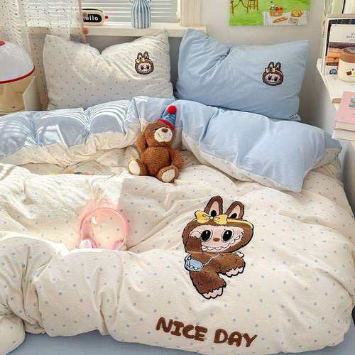 卡通刺绣可爱布布水洗棉床上用品四件套被套床单三件套学生宿舍新