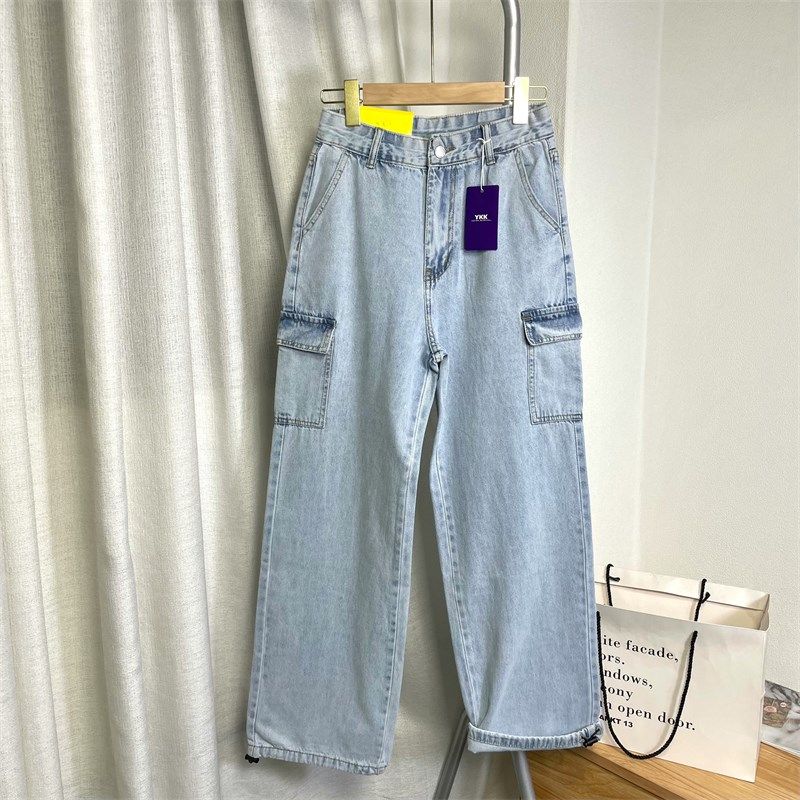 韩单~帅气BF工装风 复古水洗浅蓝色高腰多口袋阔腿直筒牛仔裤女,女装/女士精品,牛仔裤,淘宝优惠券,粉丝福利购,淘宝优惠卷