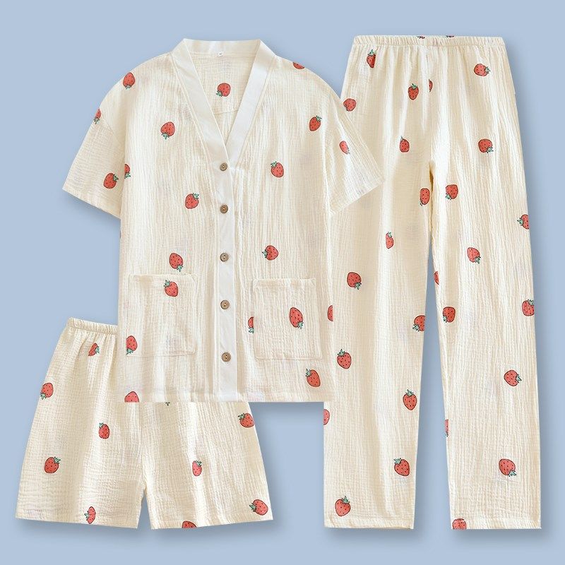 夏季纯棉女士家居服短袖短裤三件套薄款印花睡衣长裤套装宽松休闲,女士内衣/男士内衣/家居服,睡衣/家居服套装,淘宝优惠券,粉丝福利购,淘宝优惠卷