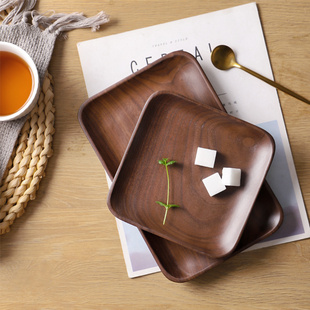 木说 日式方形果盘 黑胡桃木水果盘子榉木实木碟子木制面包餐盘