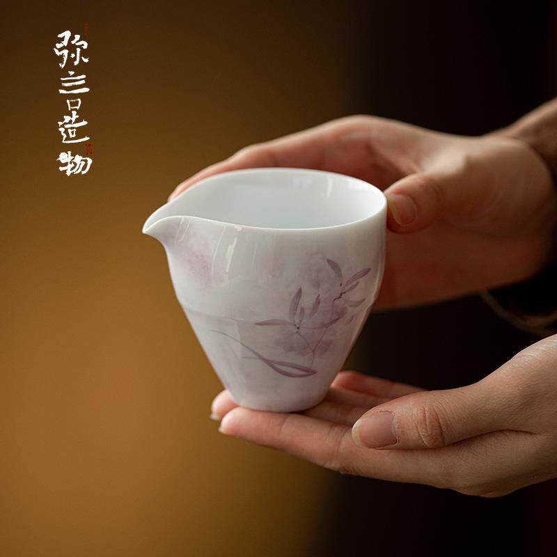 弥言白瓷手绘兰花公道杯手工陶瓷薄胎分茶器日式均杯匀杯茶道配件