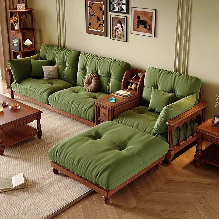 美式复古实木布艺沙发客厅家用桃花心木棉麻布小户型转角贵妃榻