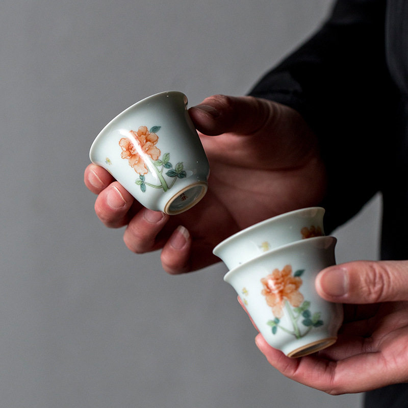 仿古胎手绘牡丹品茗杯陶瓷个人杯闻香杯家用釉上彩主人杯手工茶盏