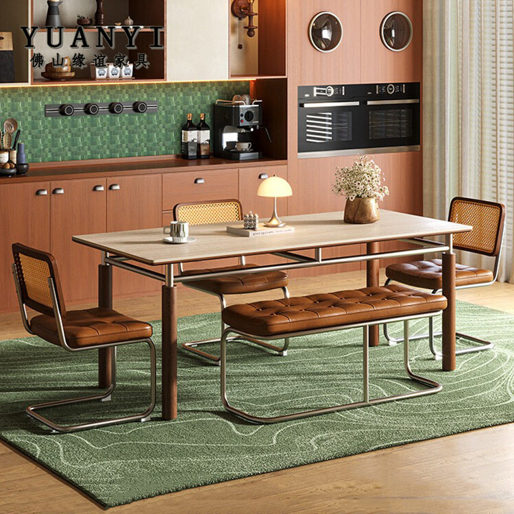 岩板餐桌椅组合洞石中古风不锈钢白蜡木实木岩板餐桌岩板饭桌